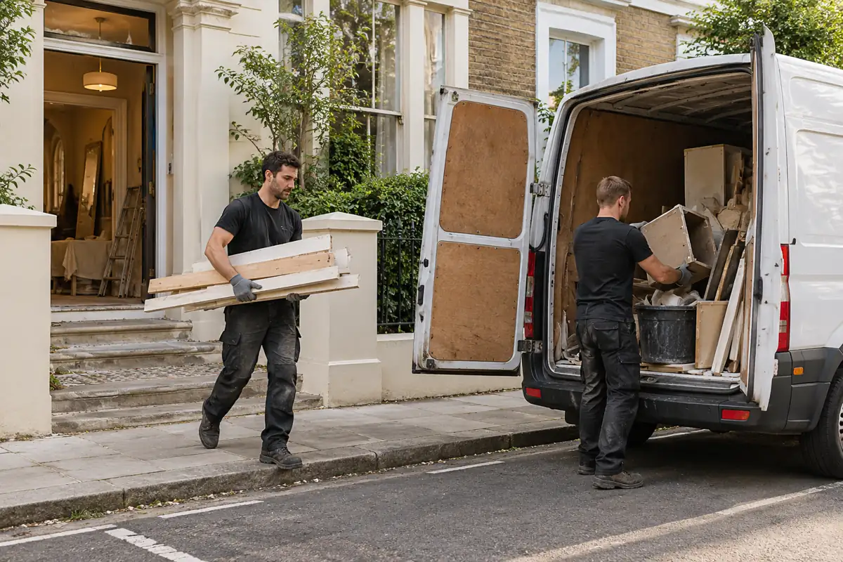 Plain unbranded waste collection van parked responsibly at renovation property