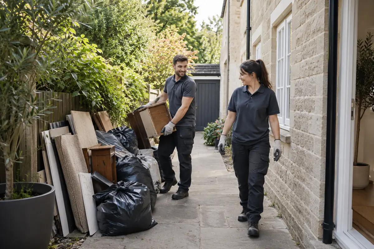 Garden side access with debris safely stacked ready for agreed collection