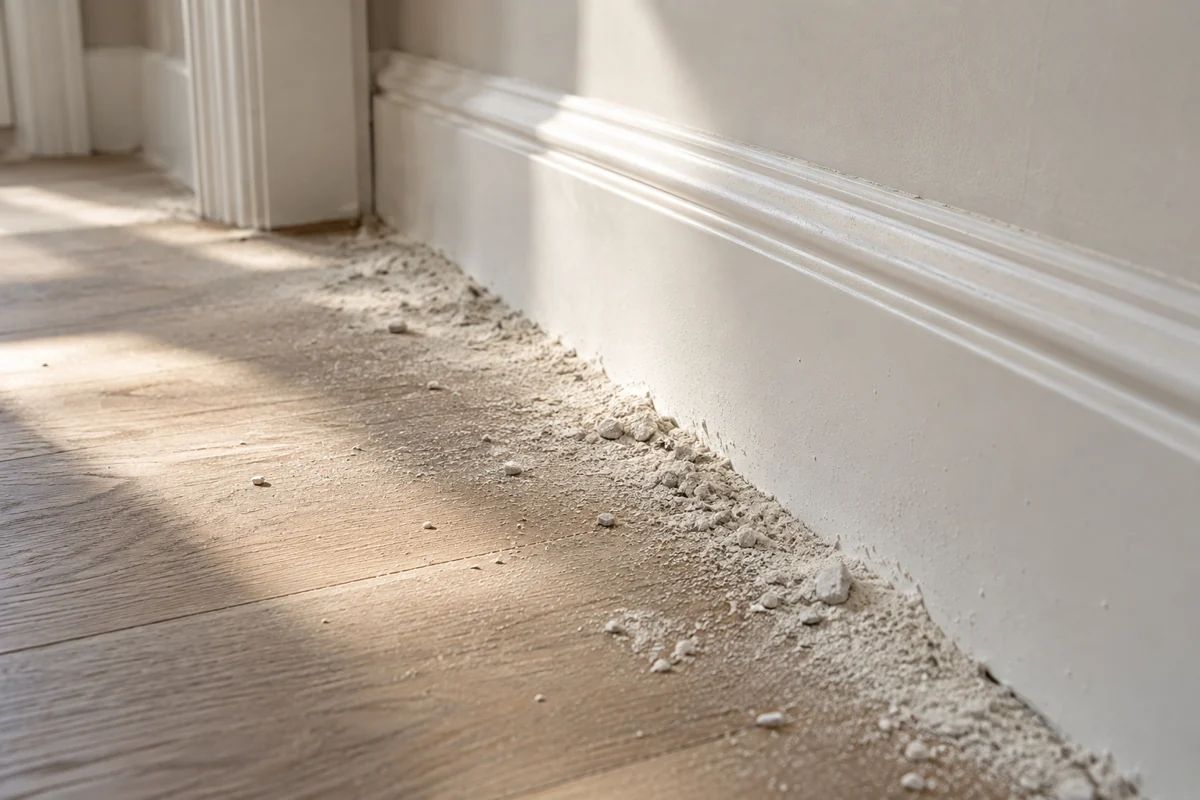 Fine construction dust collected on skirting and joinery