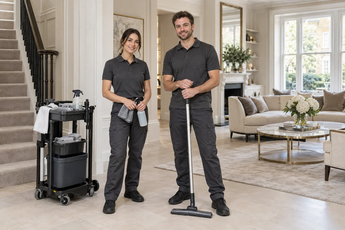 Two cleaning professionals preparing a renovated London interior
